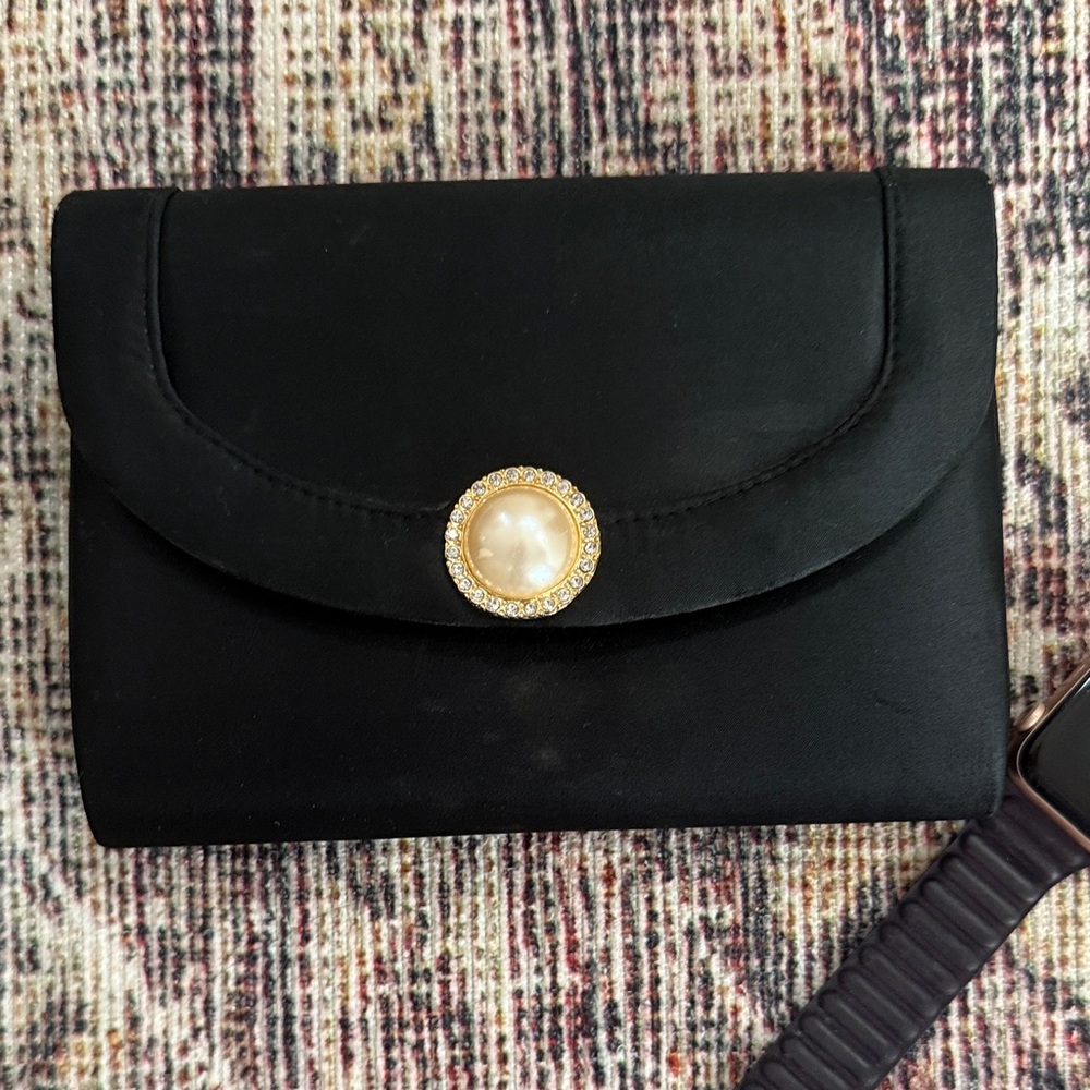 Bloomingdale's Black small satin Clutch with Gold Pearl Accent